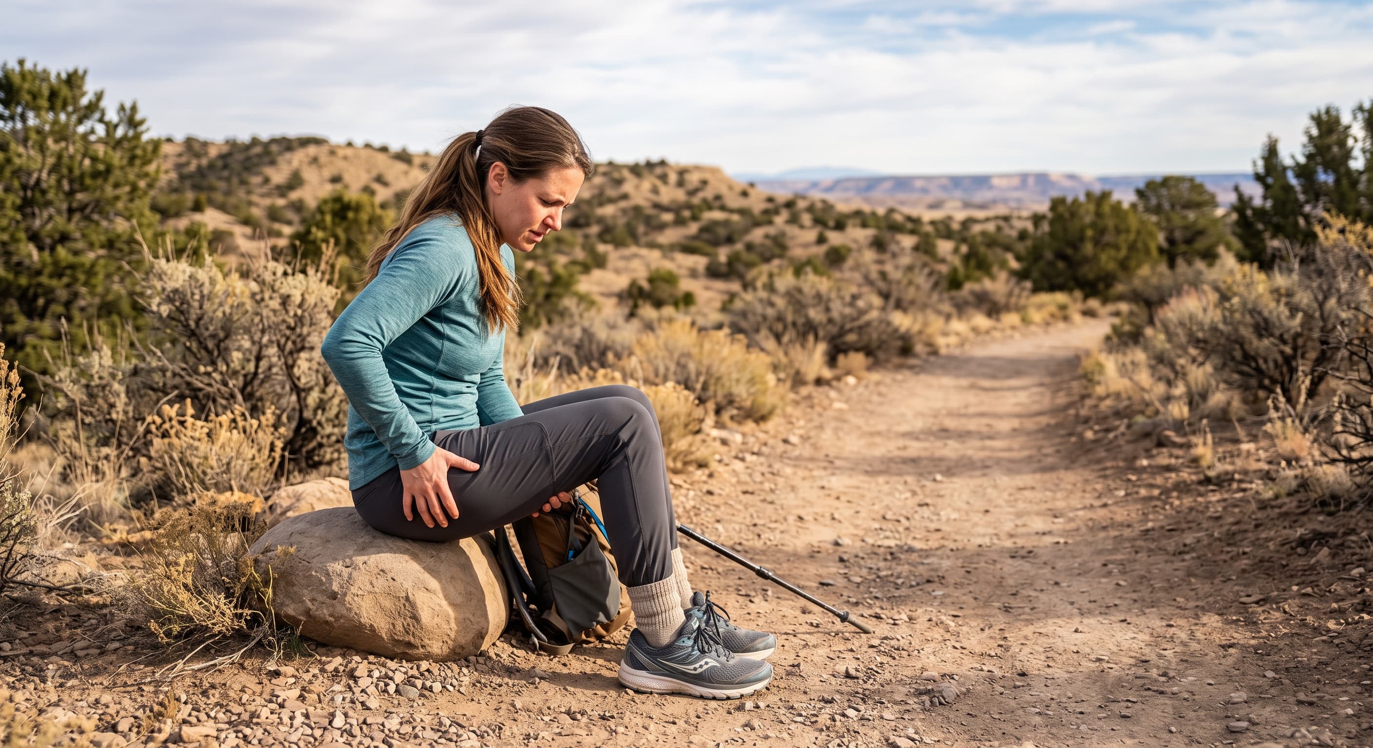 Woman resting on a rock along a desert trail, holding her hip after sciatic pain