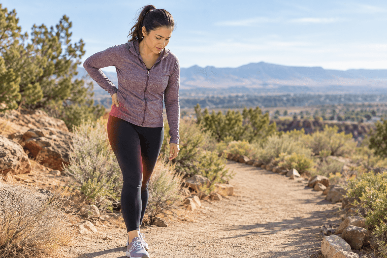 Woman paused on a desert trail holding her hip where sciatic pain is highlighted